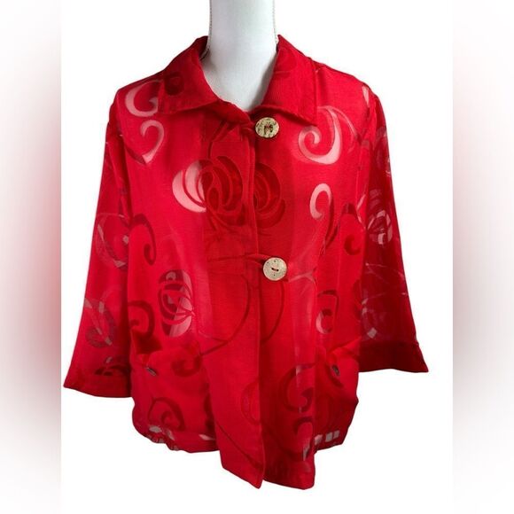 Kaktus 3/4 Sleeve Blouse Vibrant Red Sheer Button-Up Size XL - Picture 1 of 10